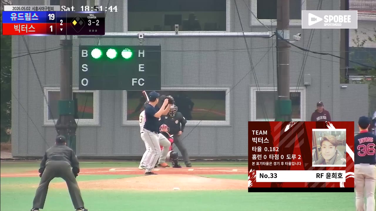 윤희호(33번, 빅터스) 볼넷 클립 | vs 유드림스 | 5/2 (에코피아야구장)