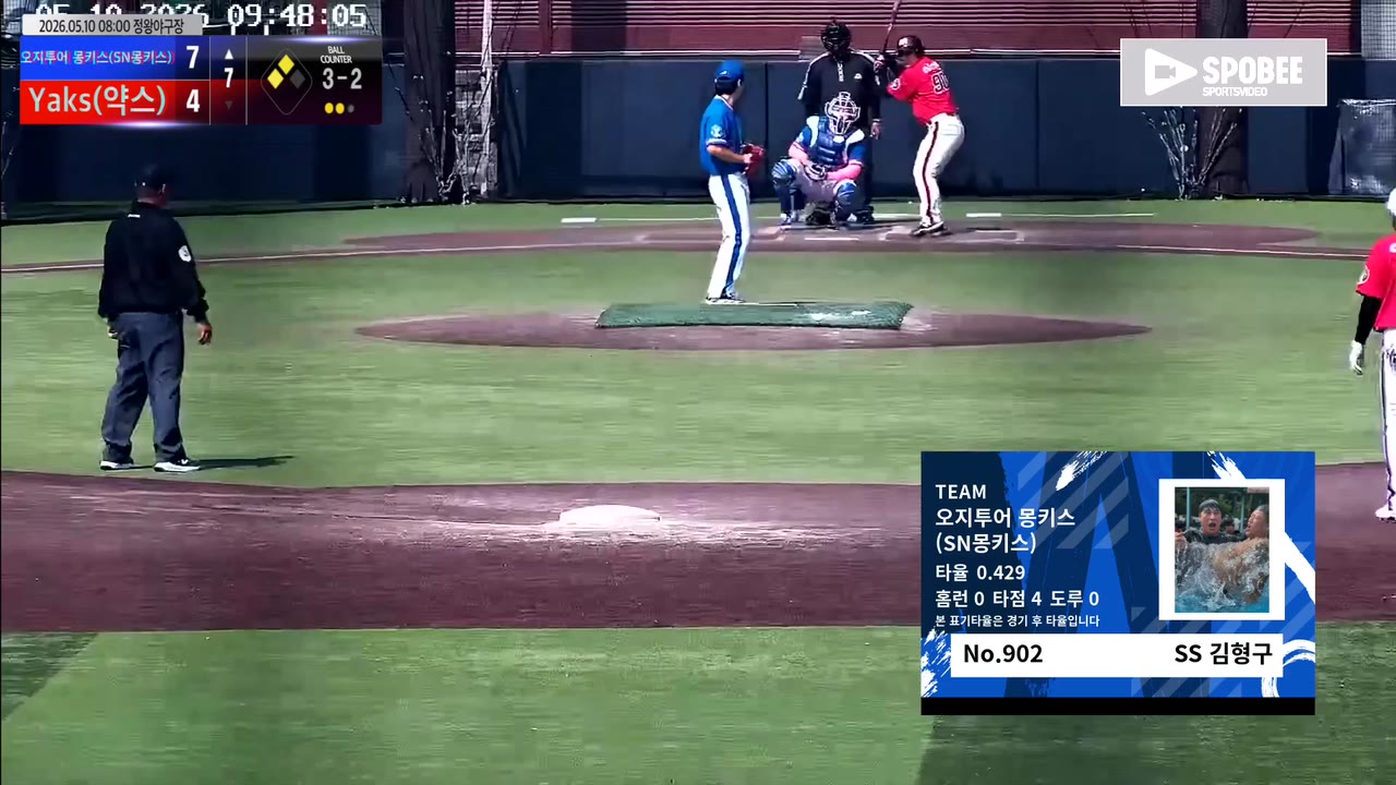 김형구(902번, 오지투어 몽키스(SN몽키스)) 2루타 클립 | vs Yaks(약스) | 5/10 (정왕야구장)