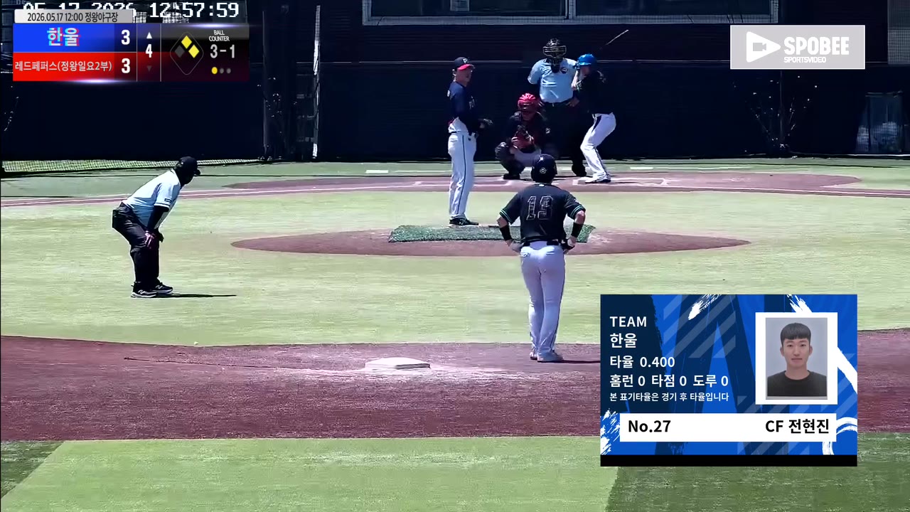 전현진(27번, 한울) 2루타 클립 | vs 레드페퍼스(정왕일요2부) | 5/17 (정왕야구장)