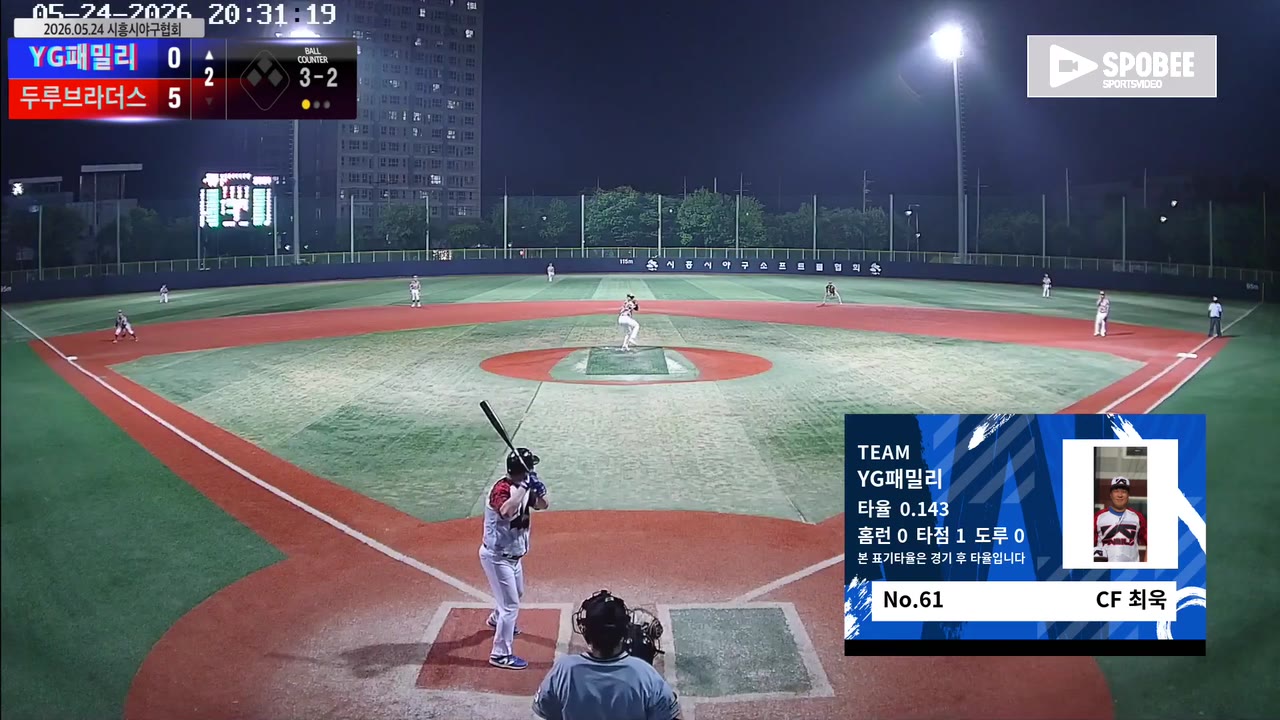 최욱(61번, YG패밀리) 볼넷 클립 | vs 두루브라더스 | 5/24 (소망야구장)
