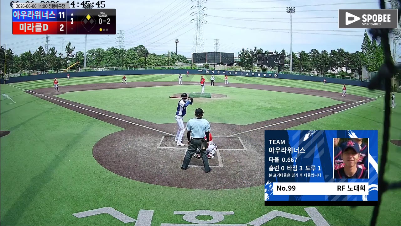 노대희(99번, 아우라위너스) 2루타 클립 | vs 미라클D | 6/6 (정왕야구장)