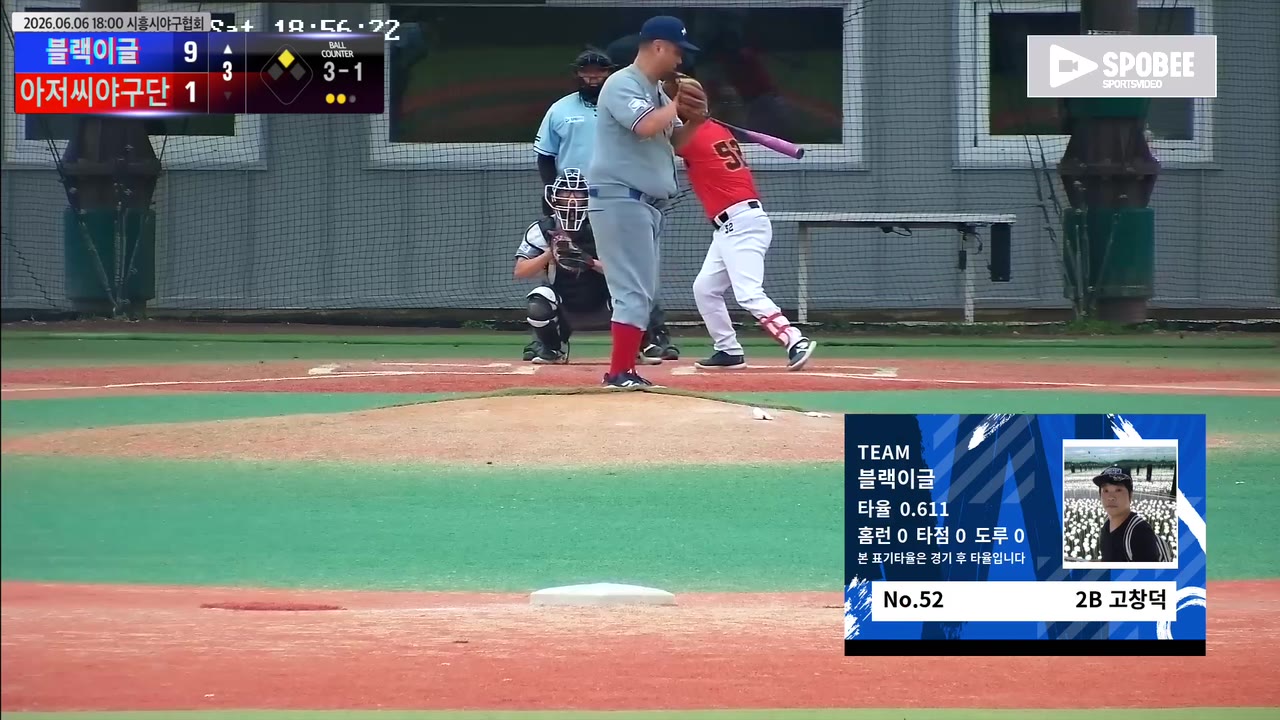 고창덕(52번, 블랙이글) 볼넷 클립 | vs 아저씨야구단 | 6/6 (에코피아야구장)