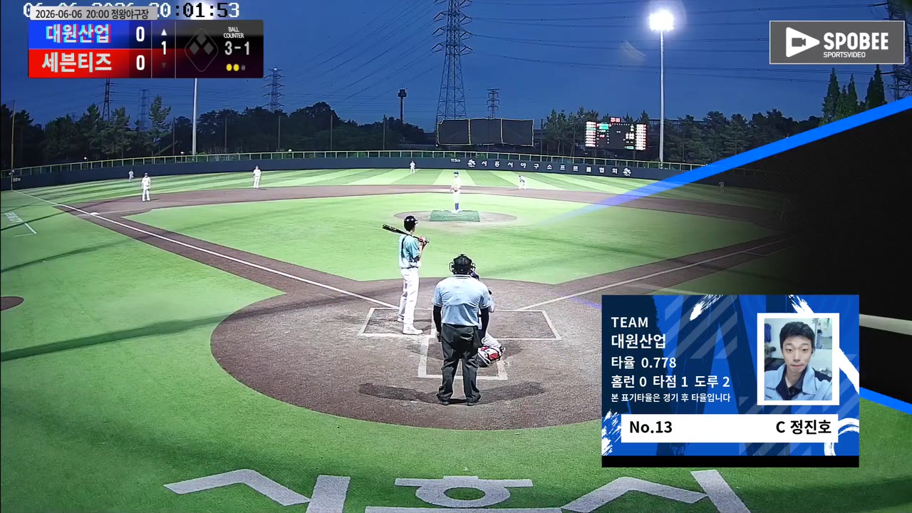 정진호(13번, 대원산업) 볼넷 클립 | vs 세븐티즈 | 6/6 (정왕야구장)