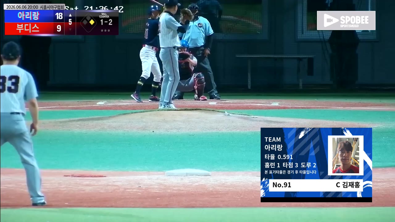 김재홍(91번, 아리랑) 2루타 클립 | vs 부디스 | 6/6 (에코피아야구장)