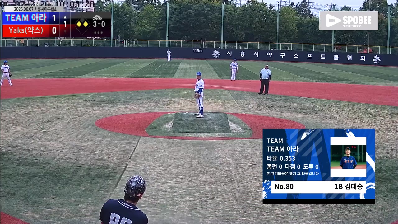 김대승(80번, TEAM 아라) 1루타 클립 | vs Yaks(약스) | 6/7 (소망야구장)