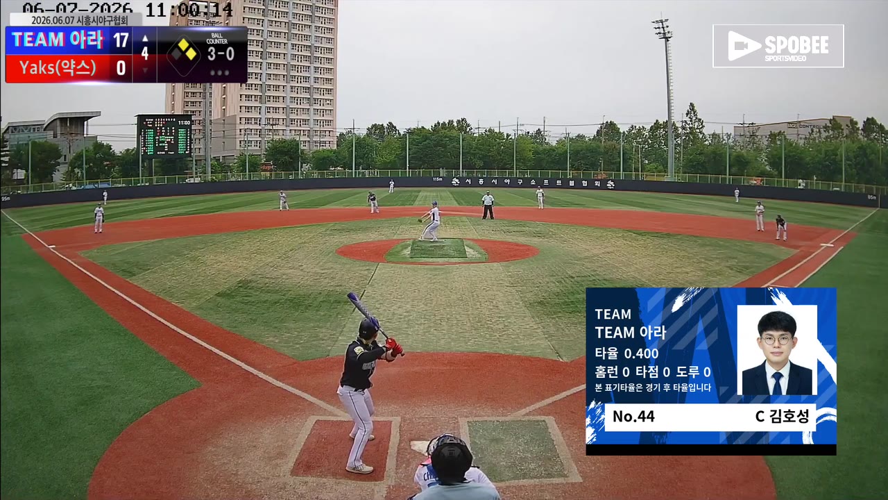 김호성(44번, TEAM 아라) 볼넷 클립 | vs Yaks(약스) | 6/7 (소망야구장)