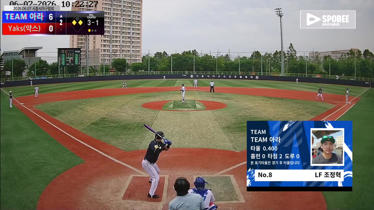조정혁(8번, TEAM 아라) 볼넷 클립 | vs Yaks(약스) | 6/7 (소망야구장)