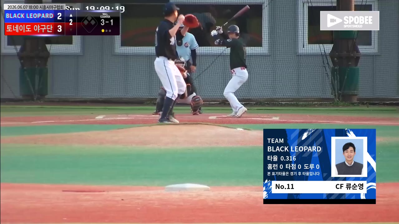 류순영(11번, BLACK LEOPARD) 볼넷 클립 | vs 토네이도 야구단 | 6/7 (에코피아야구장)