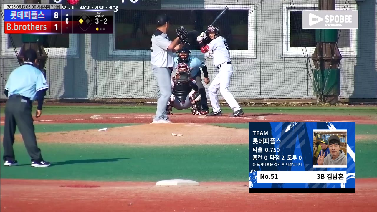 김남훈(51번, 롯데피플스) 볼넷 클립 | vs B.brothers | 6/13 (에코피아야구장)