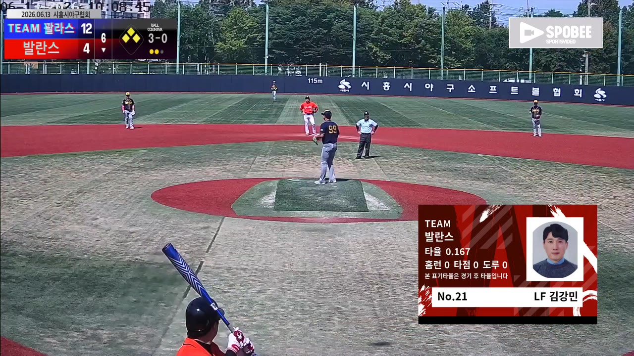 김강민(21번, 발란스) 볼넷 클립 | vs TEAM 꽐라스 | 6/13 (소망야구장)