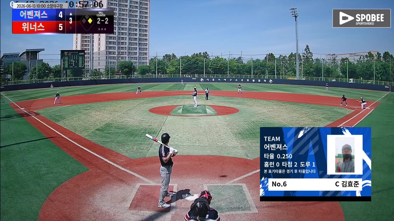 김효준(6번, 어벤져스) 1루타 클립 | vs 위너스 | 6/13 (소망야구장)