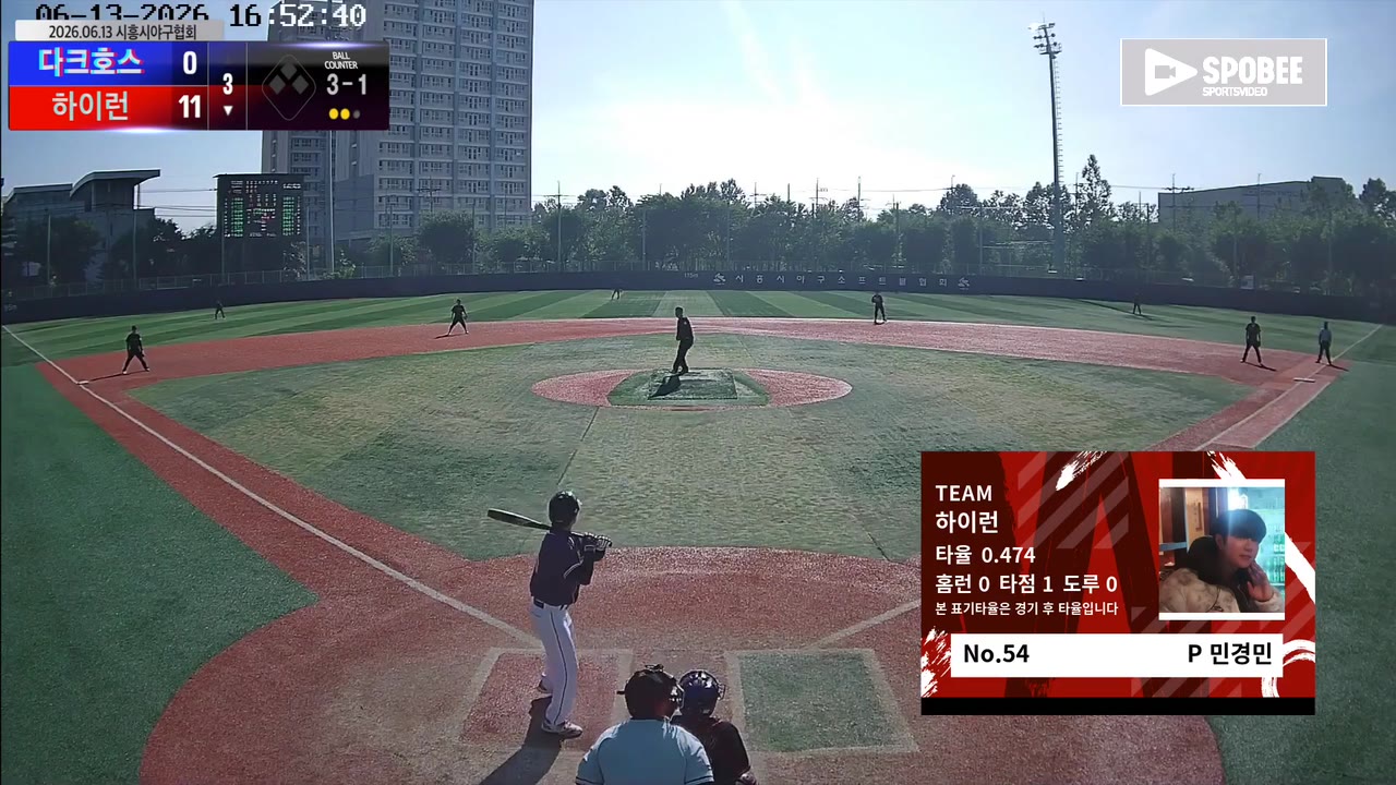 민경민(54번, 하이런) 볼넷 클립 | vs 다크호스 | 6/13 (소망야구장)