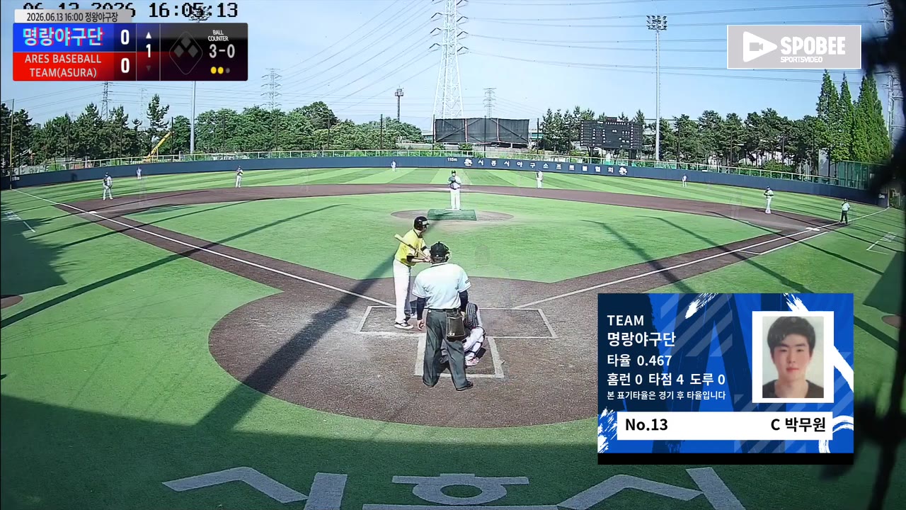 박무원(13번, 명랑야구단) 볼넷 클립 | vs ARES BASEBALL TEAM(ASURA) | 6/13 (정왕야구장)