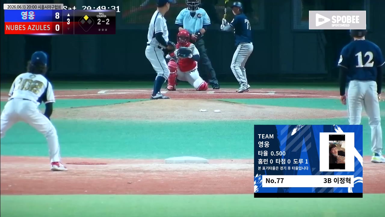 이정혁(77번, 영웅) 1루타 클립 | vs NUBES AZULES | 6/13 (에코피아야구장)