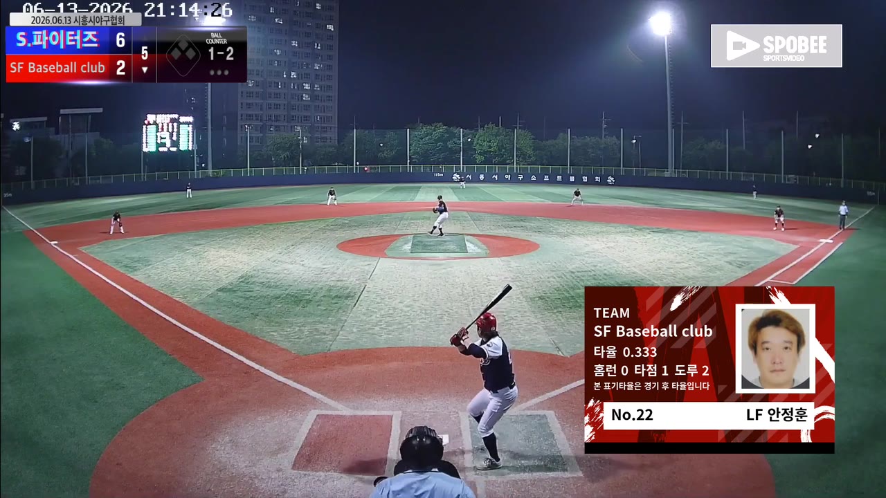 안정훈(22번, SF Baseball club) 1루타 클립 | vs S.파이터즈 | 6/13 (소망야구장)