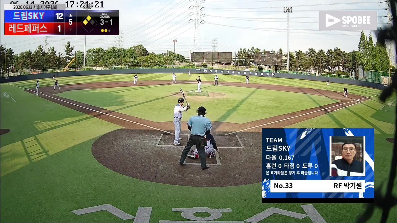 박기원(33번, 드림SKY) 볼넷 클립 | vs 레드페퍼스(정왕일요2부) | 6/14 (정왕야구장)