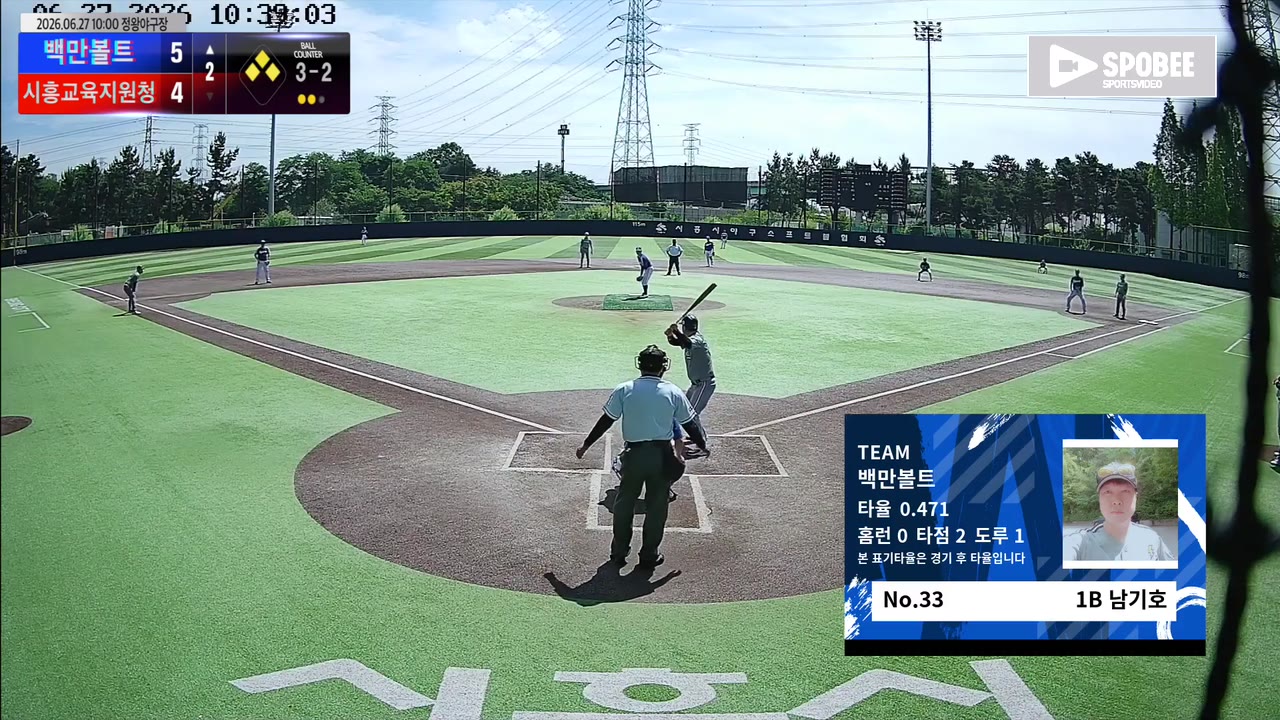 남기호(33번, 백만볼트) 볼넷 클립 | vs 시흥교육지원청 | 6/27 (정왕야구장)