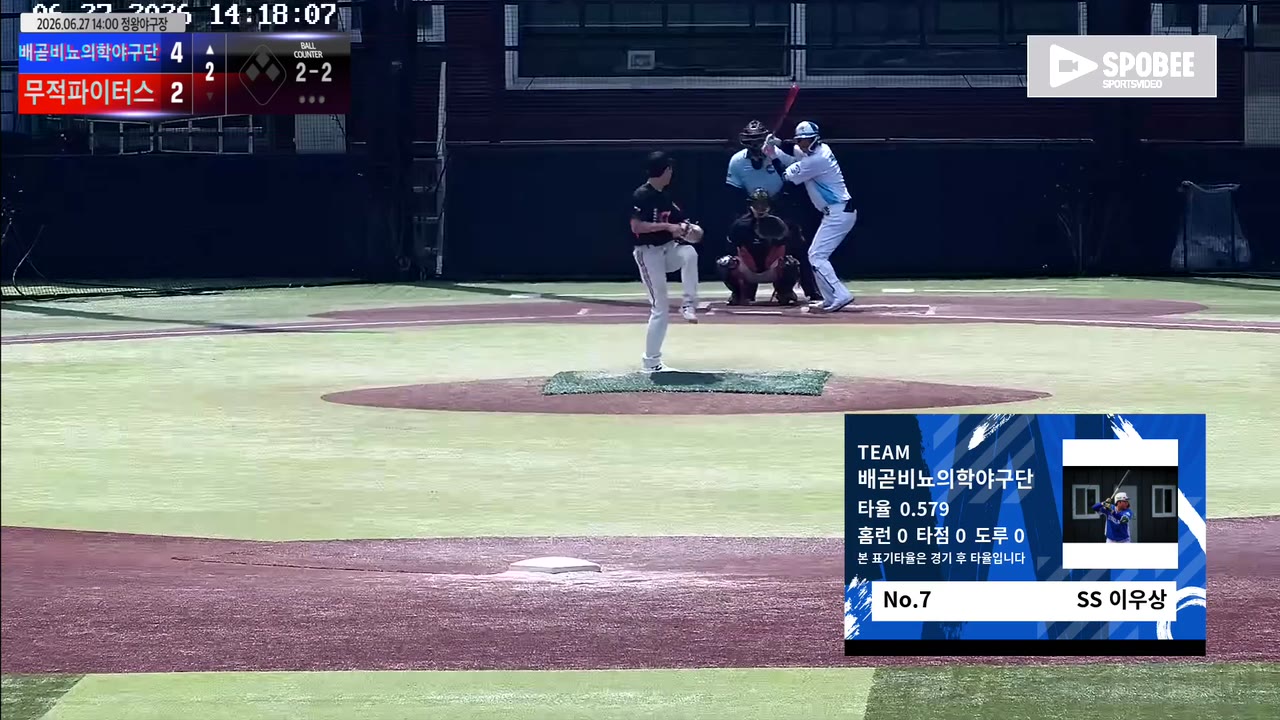 이우상(7번, 배곧비뇨의학야구단) 2루타 클립 | vs 무적파이터스 | 6/27 (정왕야구장)