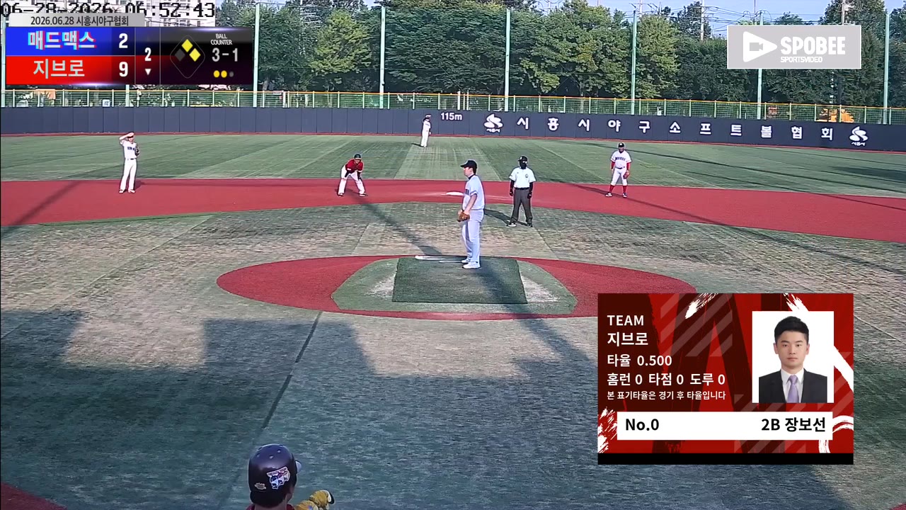 장보선(0번, 지브로) 볼넷 클립 | vs 매드맥스 | 6/28 (소망야구장)