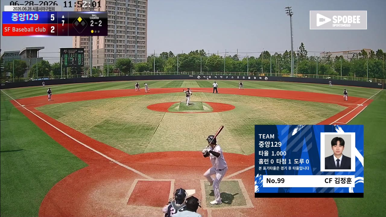 김정훈(99번, 중앙129) 1루타 클립 | vs SF Baseball club | 6/28 (소망야구장)