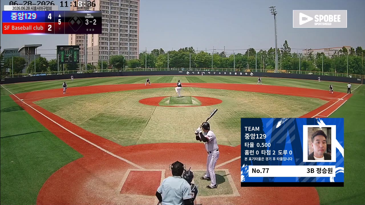정승원(77번, 중앙129) 볼넷 클립 | vs SF Baseball club | 6/28 (소망야구장)