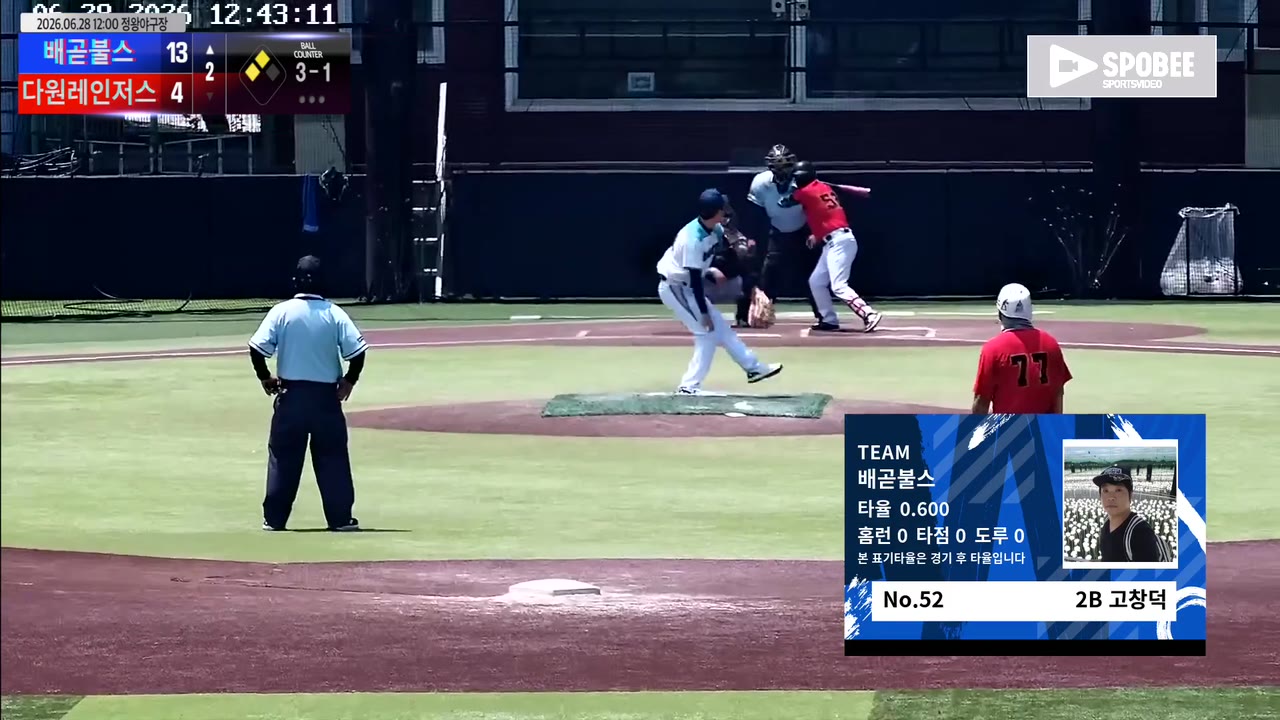 고창덕(52번, 배곧불스) 볼넷 클립 | vs 다원레인저스 | 6/28 (정왕야구장)