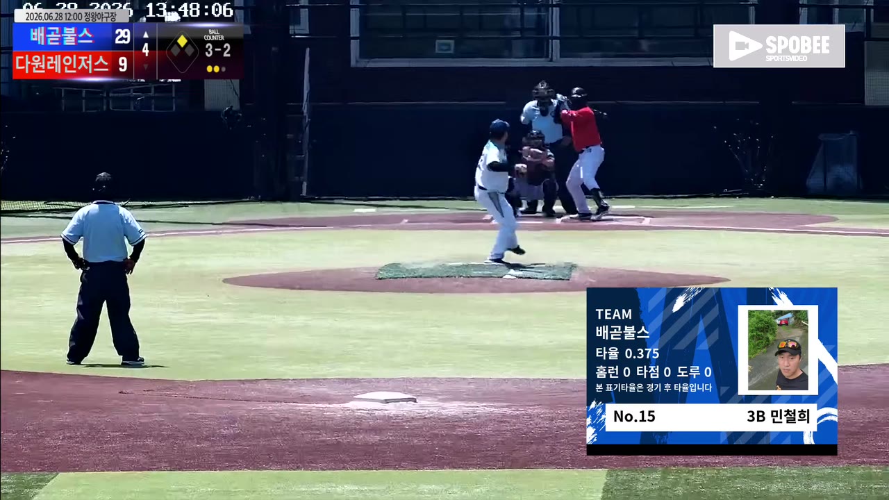 민철희(15번, 배곧불스) 볼넷 클립 | vs 다원레인저스 | 6/28 (정왕야구장)