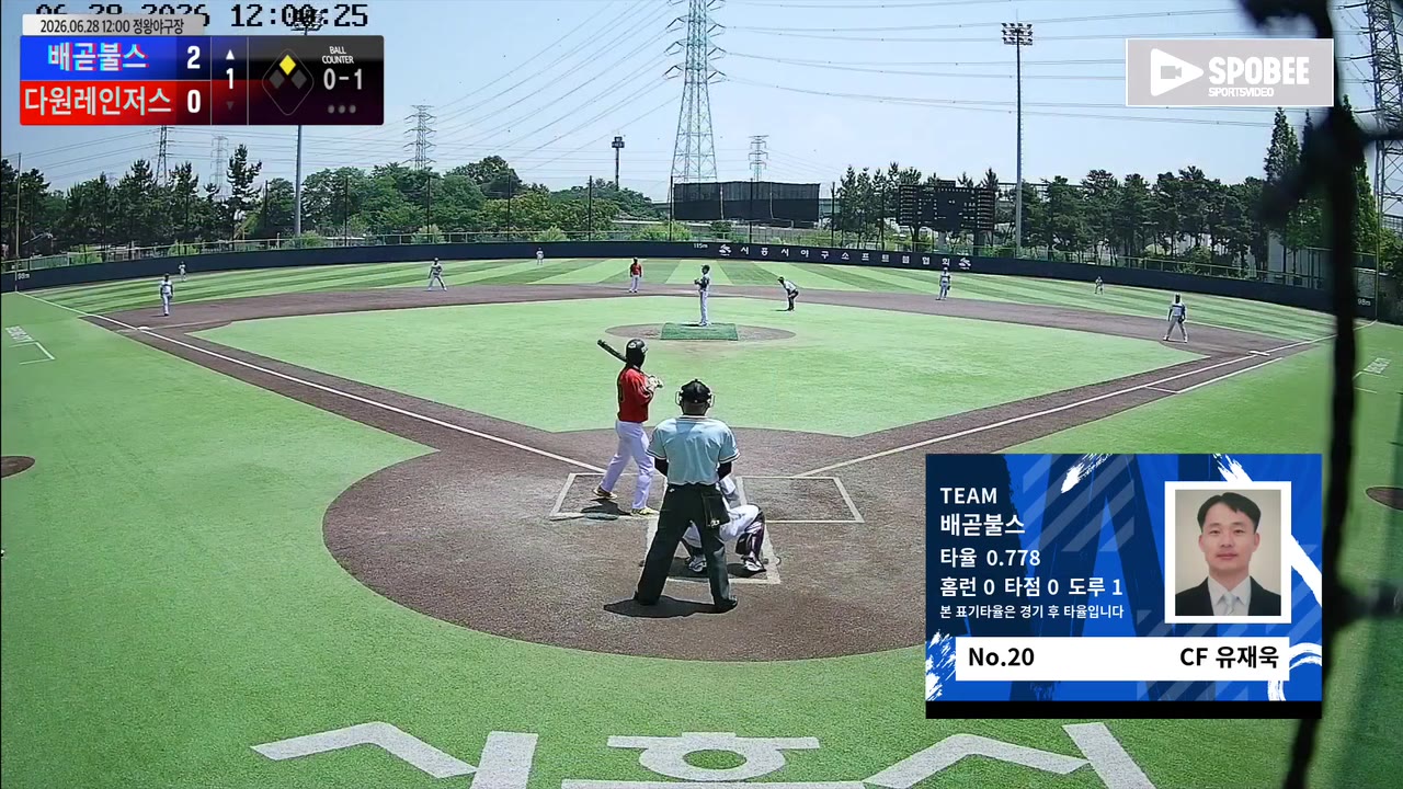 유재욱(20번, 배곧불스) 볼넷 클립 | vs 다원레인저스 | 6/28 (정왕야구장)