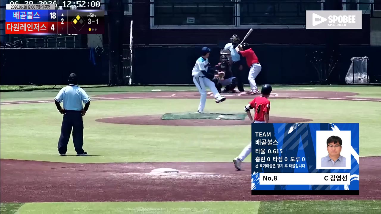 김영선(8번, 배곧불스) 1루타 클립 | vs 다원레인저스 | 6/28 (정왕야구장)