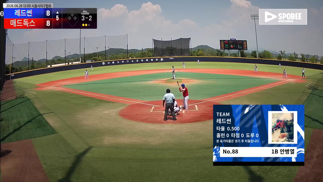 안병열(88번, 레드썬) 3루타 클립 | vs 매드독스 | 6/28 (에코피아야구장)
