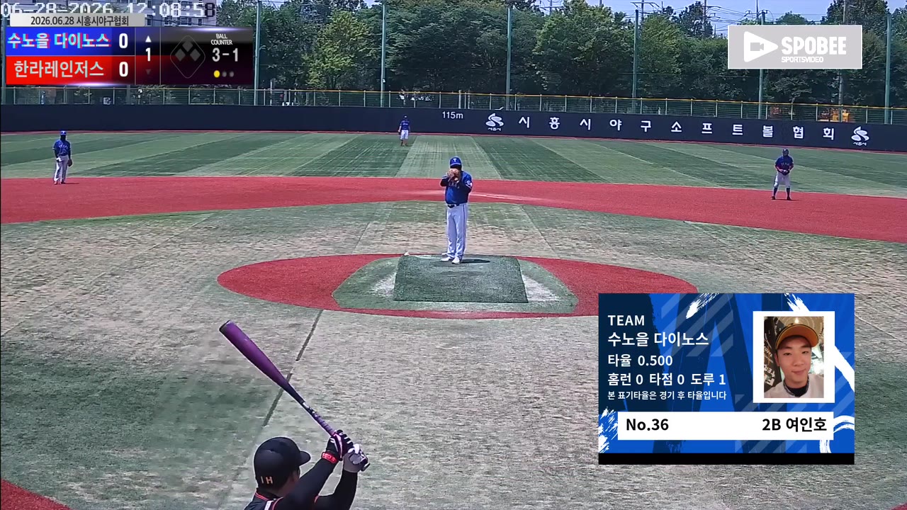 여인호(36번, 수노을 다이노스) 볼넷 클립 | vs 한라레인저스 | 6/28 (소망야구장)