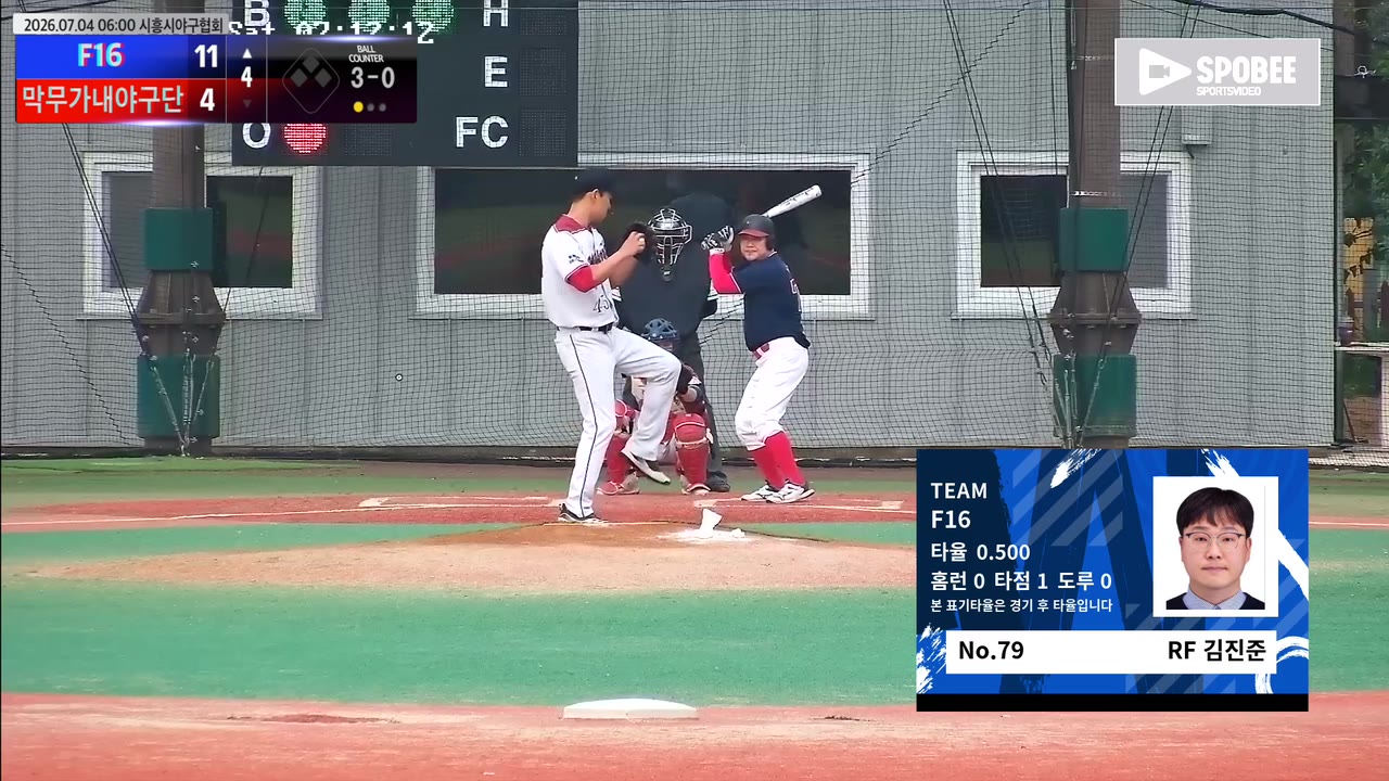 김진준(79번, F16) 볼넷 클립 | vs 막무가내야구단 | 7/4 (에코피아야구장)