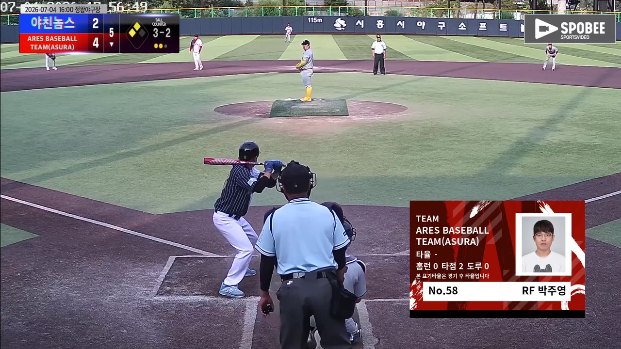 박주영(58번, ARES BASEBALL TEAM(ASURA)) 볼넷 클립 | vs 야친놈스 | 7/4 (정왕야구장)