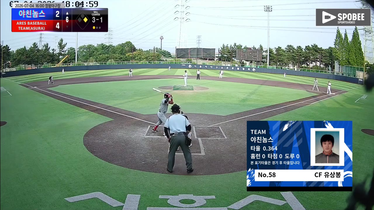 유상봉(58번, 야친놈스) 볼넷 클립 | vs ARES BASEBALL TEAM(ASURA) | 7/4 (정왕야구장)