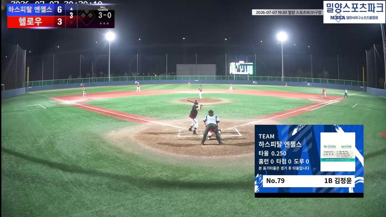 김정윤(79번, 하스피탈 엔젤스) 1루타 클립 | vs 헬로우 | 7/7 (밀양 스포츠파크1구장)