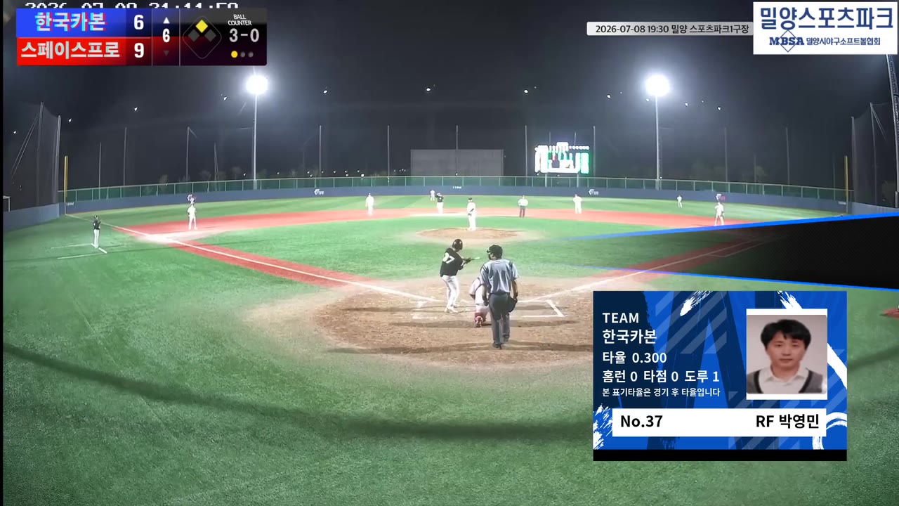 박영민(37번, 한국카본) 볼넷 클립 | vs 스페이스프로 | 7/8 (밀양 스포츠파크1구장)