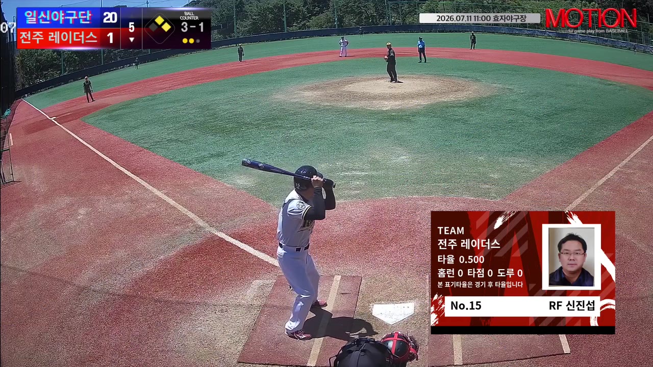 신진섭(15번, 전주 레이더스) 1루타 클립 | vs 일신야구단 | 7/11 (효자야구장)
