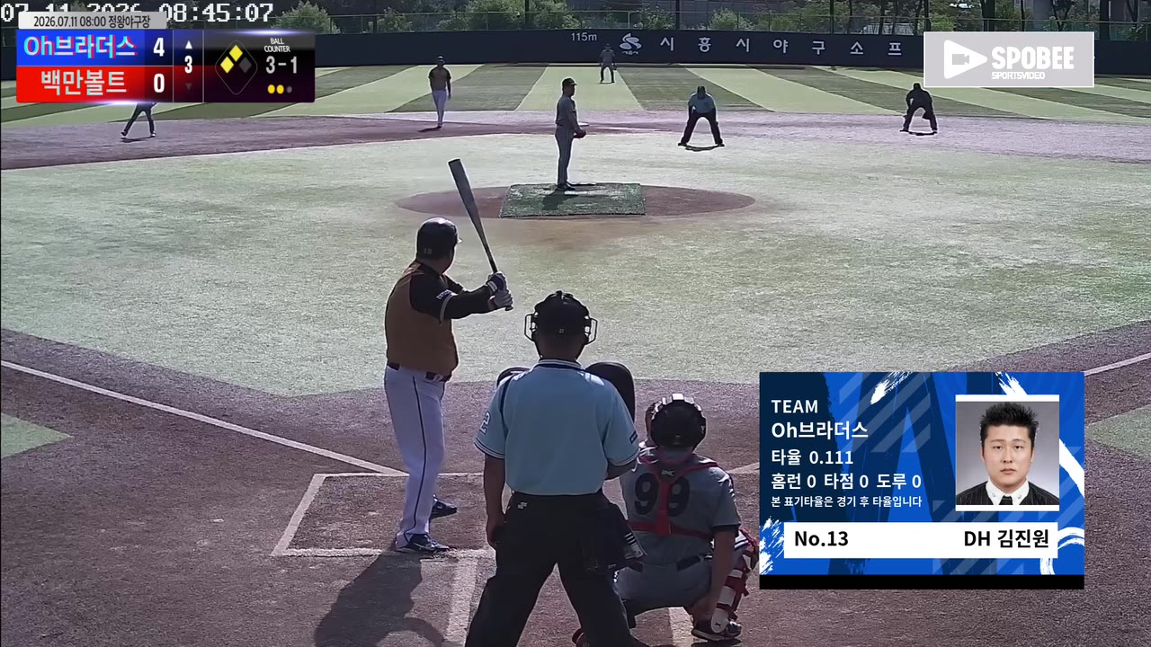 김진원(13번, Oh브라더스) 실책 클립 | vs 백만볼트 | 7/11 (정왕야구장)