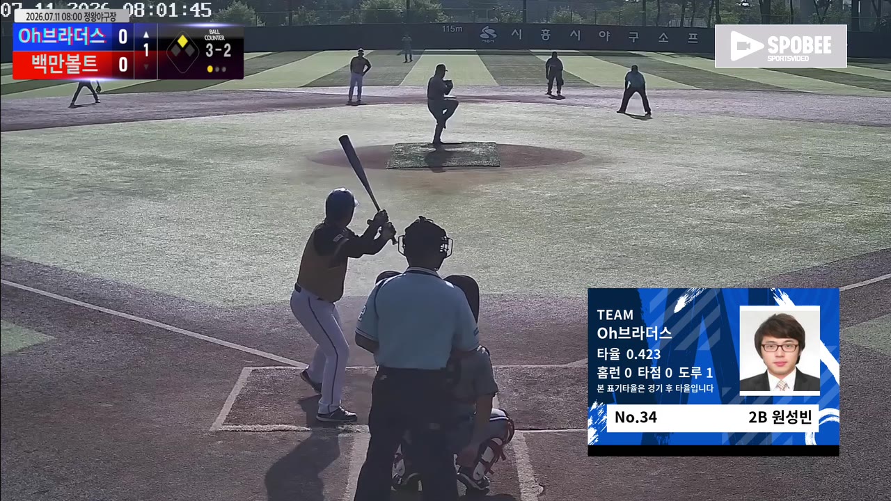 원성빈(34번, Oh브라더스) 볼넷 클립 | vs 백만볼트 | 7/11 (정왕야구장)