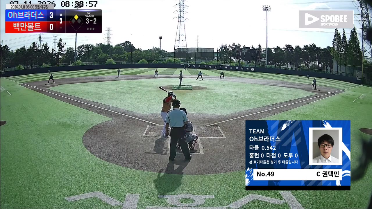 권택민(49번, Oh브라더스) 볼넷 클립 | vs 백만볼트 | 7/11 (정왕야구장)