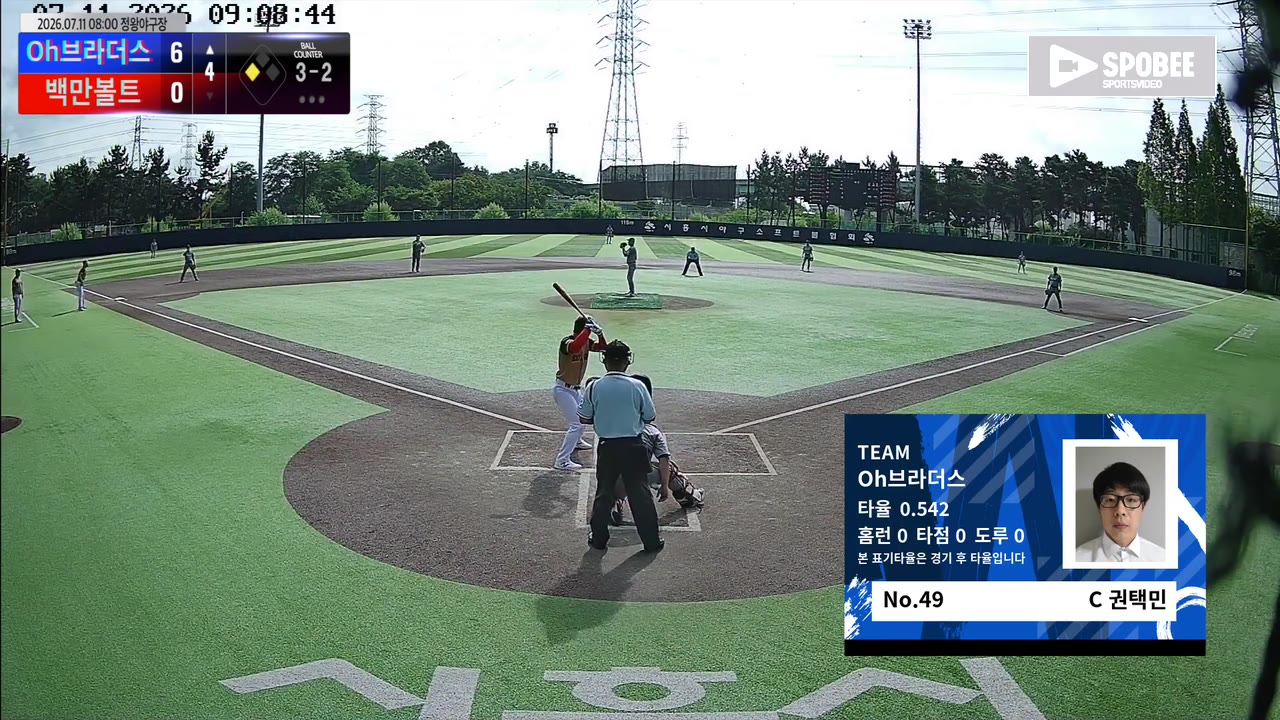 권택민(49번, Oh브라더스) 2루타 클립 | vs 백만볼트 | 7/11 (정왕야구장)