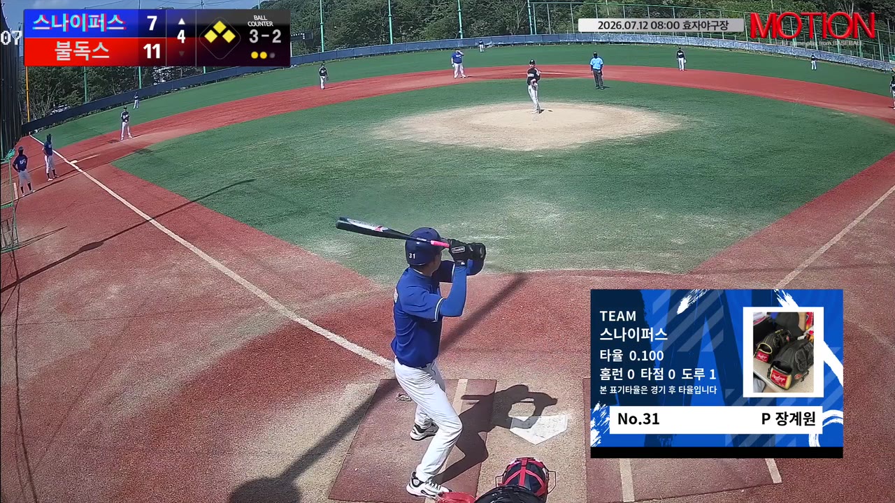 장계원(31번, 스나이퍼스) 볼넷 클립 | vs 불독스 | 7/12 (효자야구장)