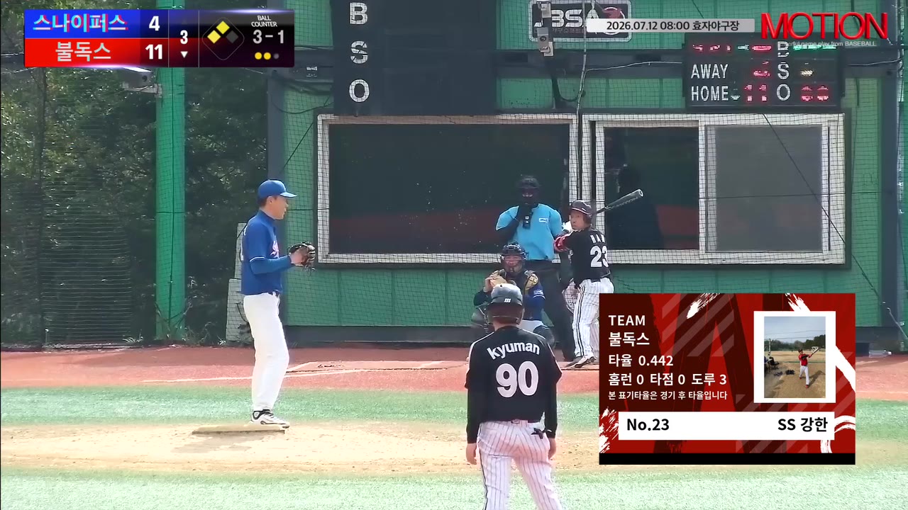 강한(23번, 불독스) 볼넷 클립 | vs 스나이퍼스 | 7/12 (효자야구장)