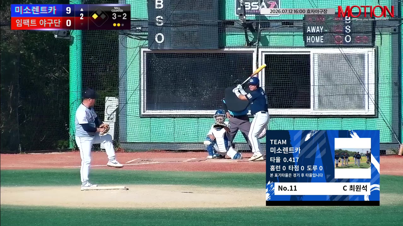 최원석(11번, 미소렌트카) 사구 클립 | vs 임팩트 야구단 | 7/12 (효자야구장)