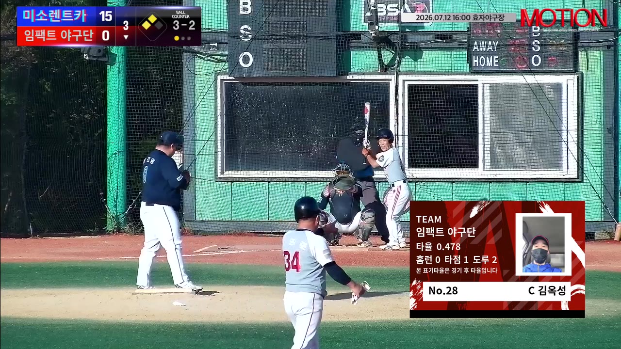 김옥성(28번, 임팩트 야구단) 볼넷 클립 | vs 미소렌트카 | 7/12 (효자야구장)