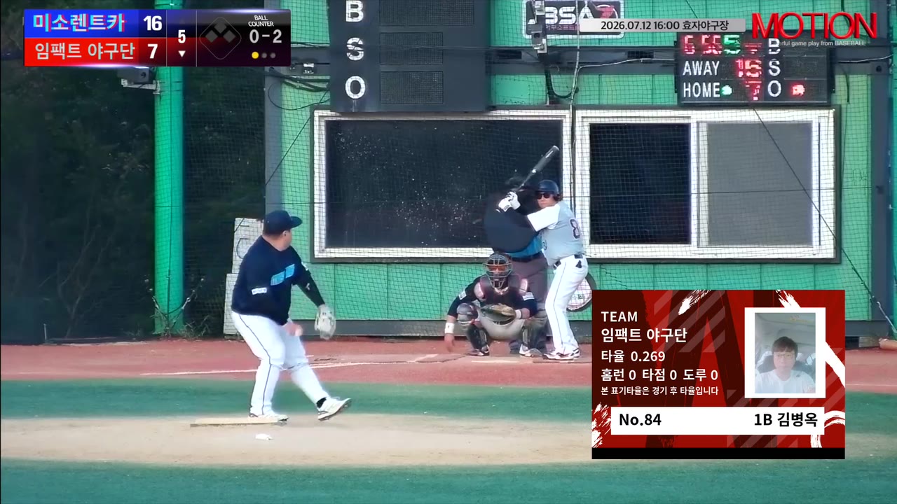 김병옥(84번, 임팩트 야구단) 1루타 클립 | vs 미소렌트카 | 7/12 (효자야구장)