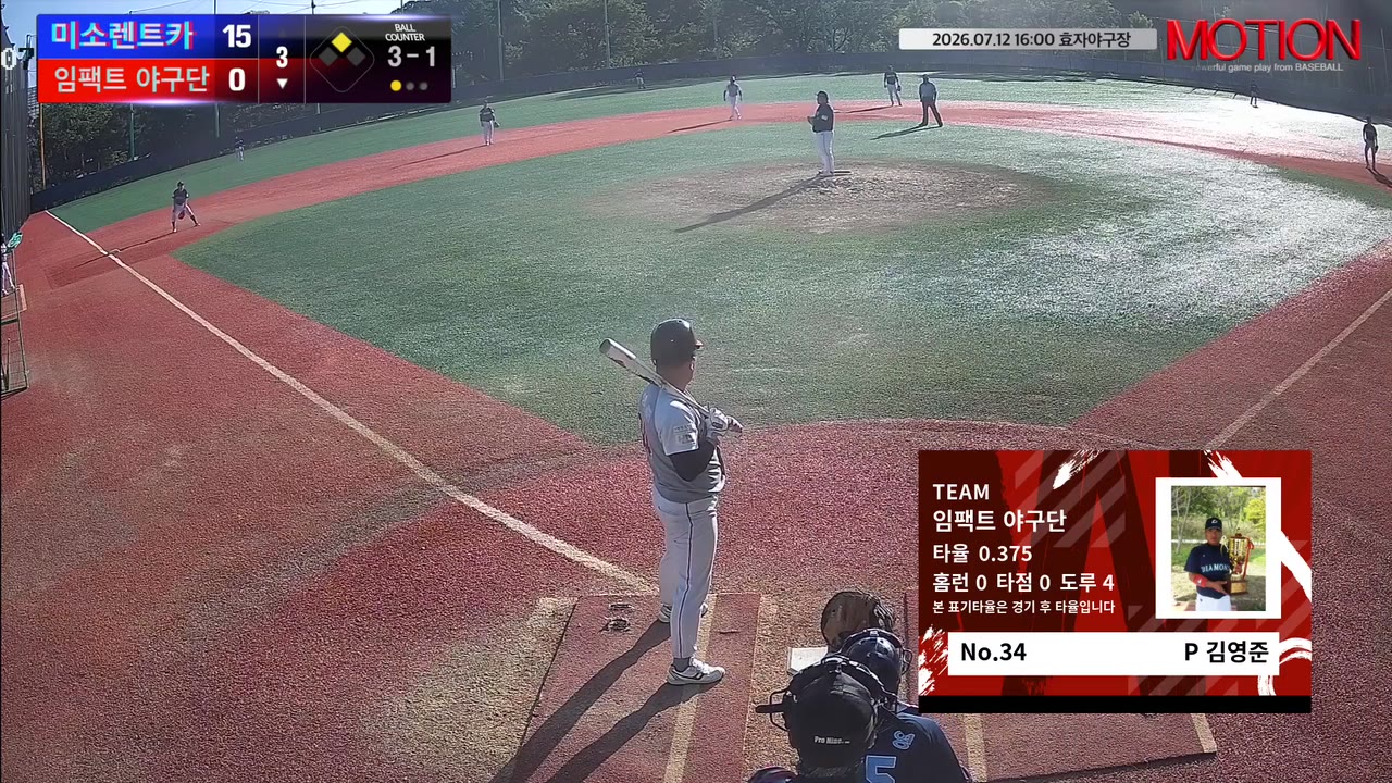 김영준(34번, 임팩트 야구단) 볼넷 클립 | vs 미소렌트카 | 7/12 (효자야구장)