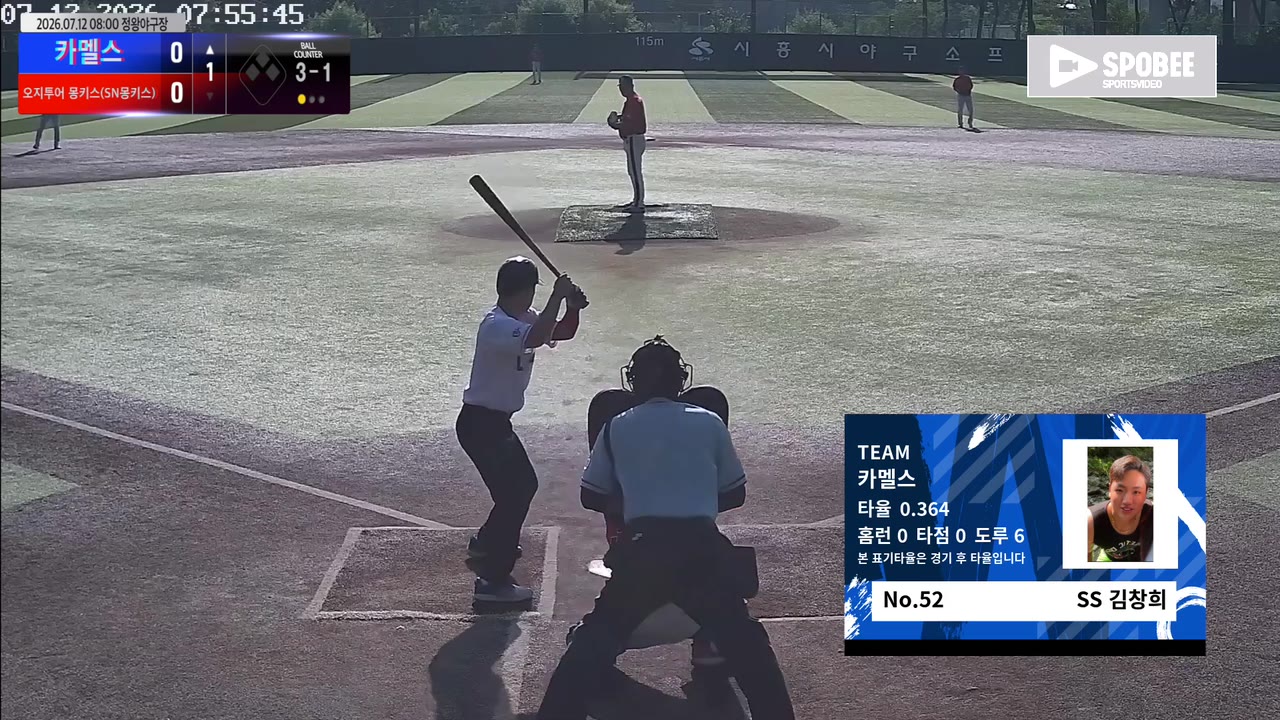 김창희(52번, 카멜스) 볼넷 클립 | vs 오지투어 몽키스(SN몽키스) | 7/12 (정왕야구장)
