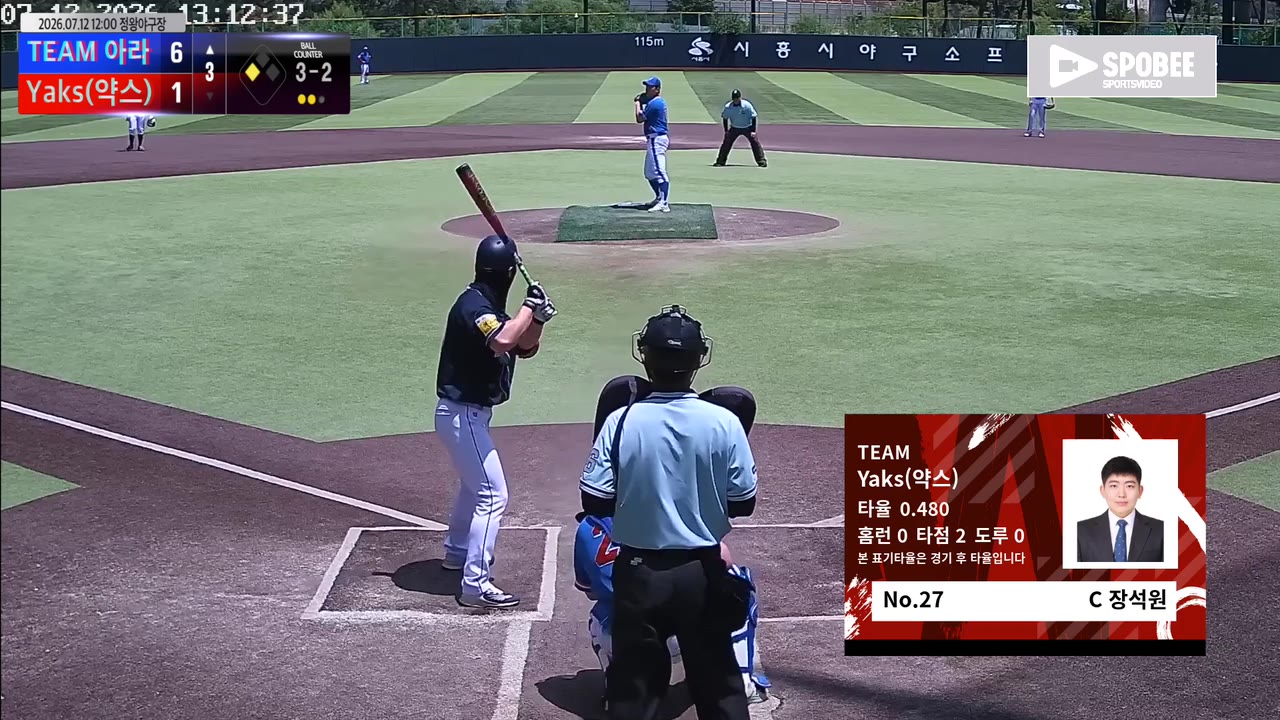 장석원(27번, Yaks(약스)) 볼넷 클립 | vs TEAM 아라 | 7/12 (정왕야구장)