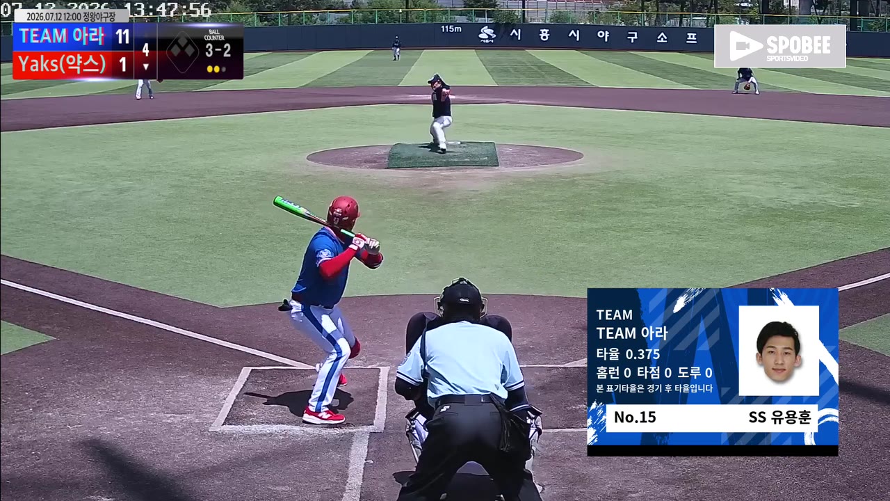 유용훈(15번, TEAM 아라) 볼넷 클립 | vs Yaks(약스) | 7/12 (정왕야구장)